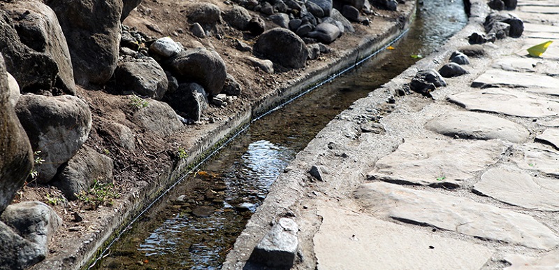 潺潺水流順著水溝蜿蜒往高處流去,形成水往上流奇觀